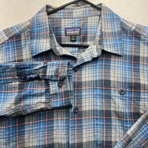 Patagonia Shirt Mens M Brown Button Up Blue Plaid 100%‎ Organic Cotton Flannel
